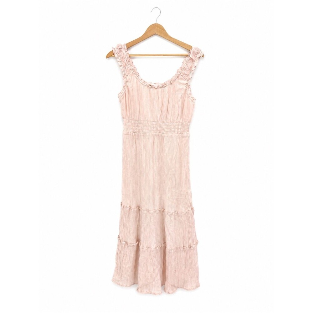 Lucky Brand Pale Pink Midi Dress Smocked Ruffle Tiered Size Medium Rayon